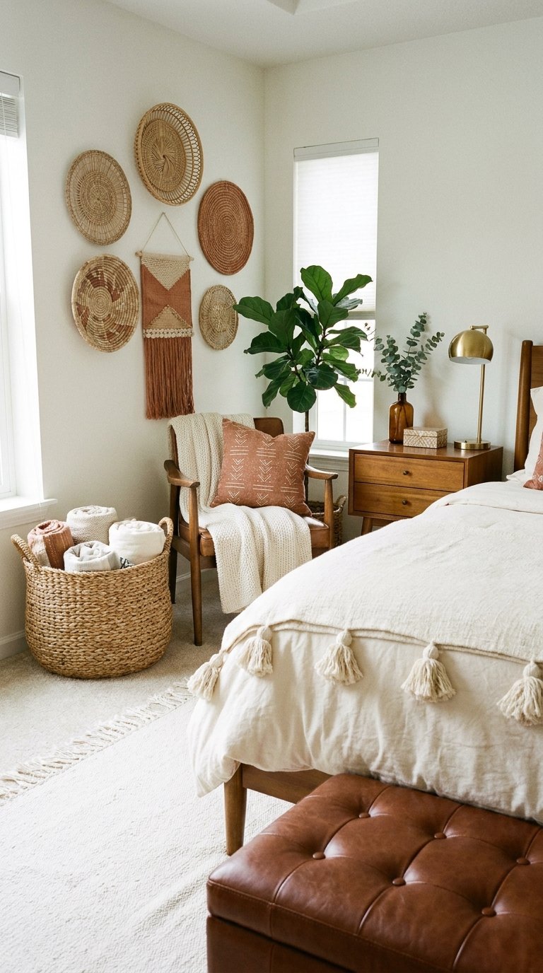 Chambre claire avec fauteuil en bois, paniers muraux et accents textiles terracotta