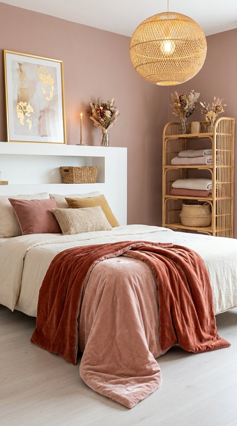 Chambre rose poudré avec jeté terracotta, suspension en rotin et étagère en cannage