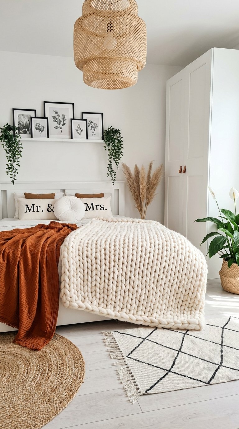 Chambre blanche avec couverture en grosse maille, plaid terracotta et plantes retombantes