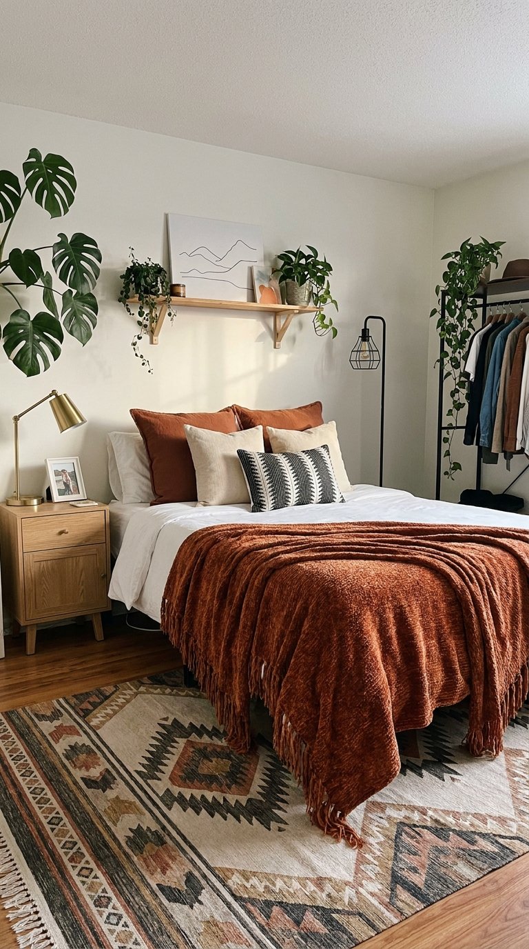 Chambre blanche végétalisée avec plaid terracotta, tapis kilim et portant noir