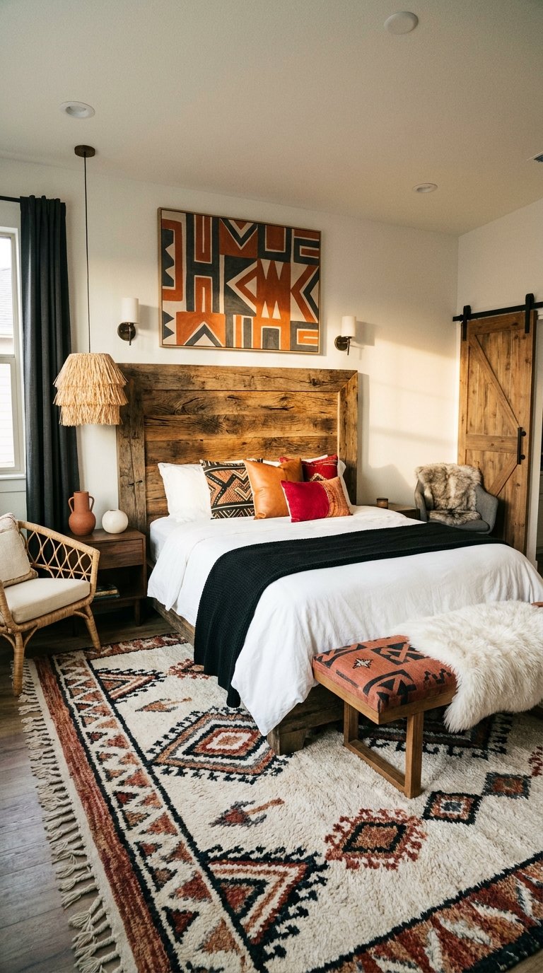 Chambre rustique avec tête de lit en bois brut, textiles terracotta et tapis géométrique