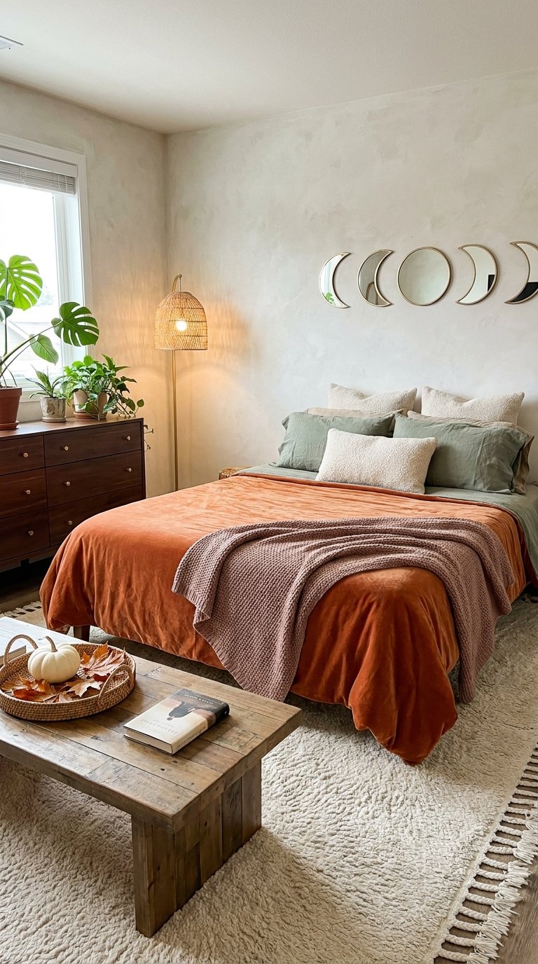 Chambre automnale avec couette terracotta, linge vert sauge et miroirs en phases lunaires