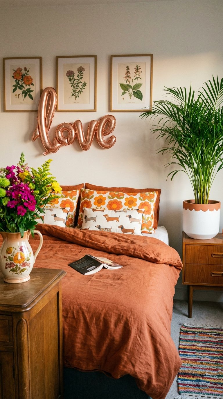 Chambre rétro avec housse terracotta, coussins fleuris, ballon love et grand palmier