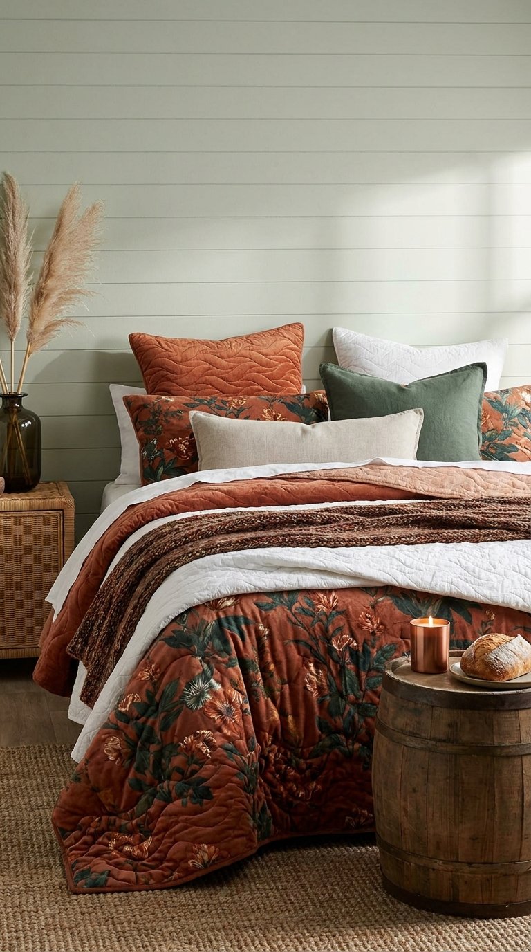 Lit couvert d’un édredon floral terracotta avec coussins verts et textiles superposés