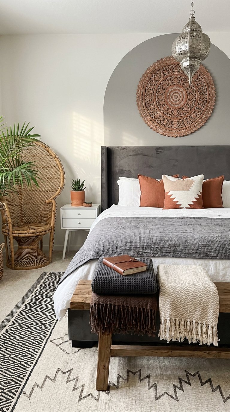 Chambre ethnique avec alcôve grise, coussins terracotta, fauteuil paon et lanternes marocaines