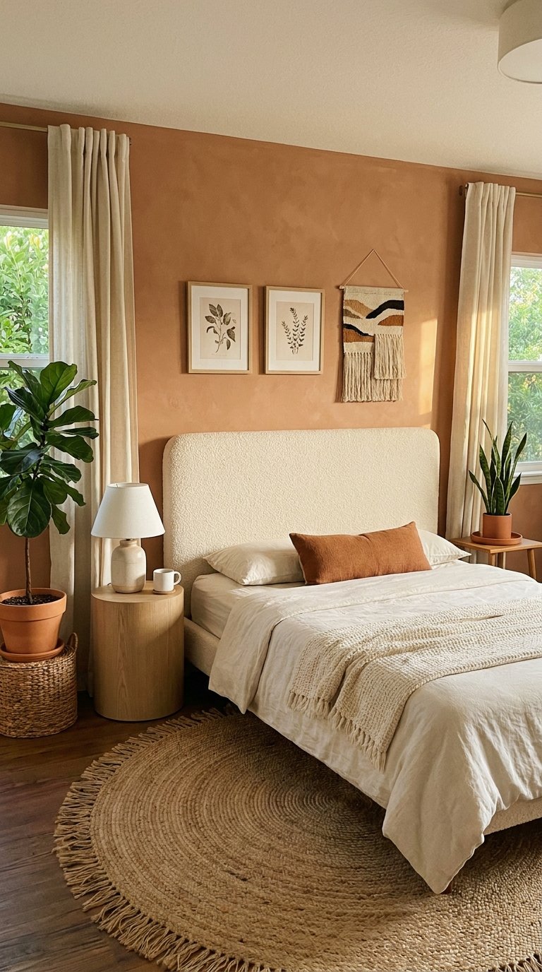 Chambre douce avec mur terracotta patiné, tête de lit bouclée et tapis rond en jute