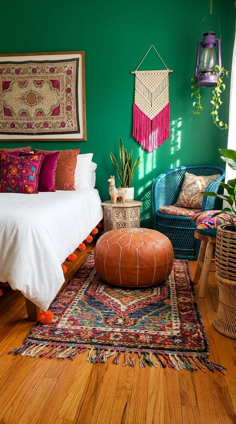 Chambre bohème colorée avec mur vert, pouf terracotta et textiles roses brodés