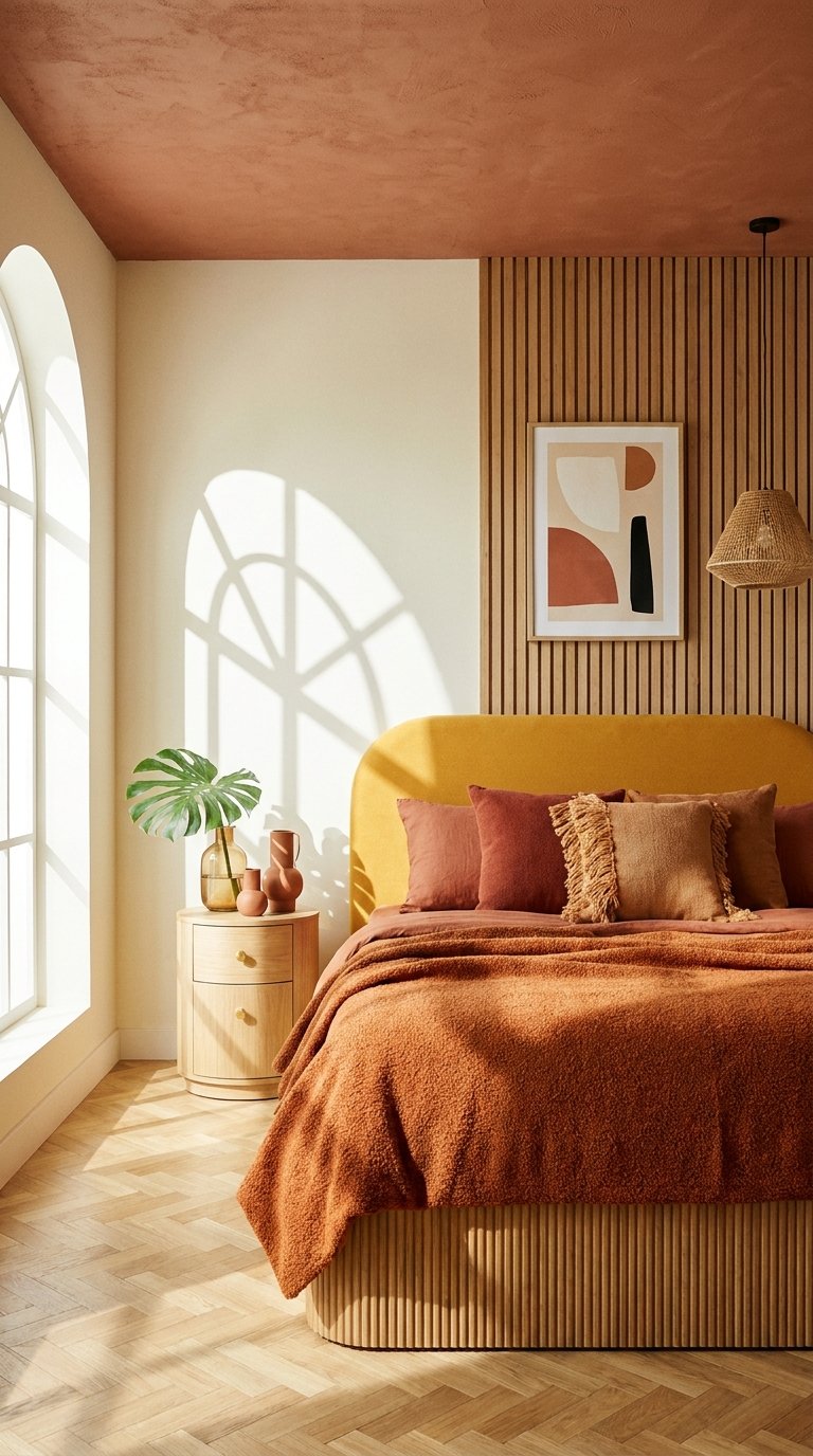Chambre contemporaine avec plafond terracotta, tête de lit moutarde et mur en tasseaux