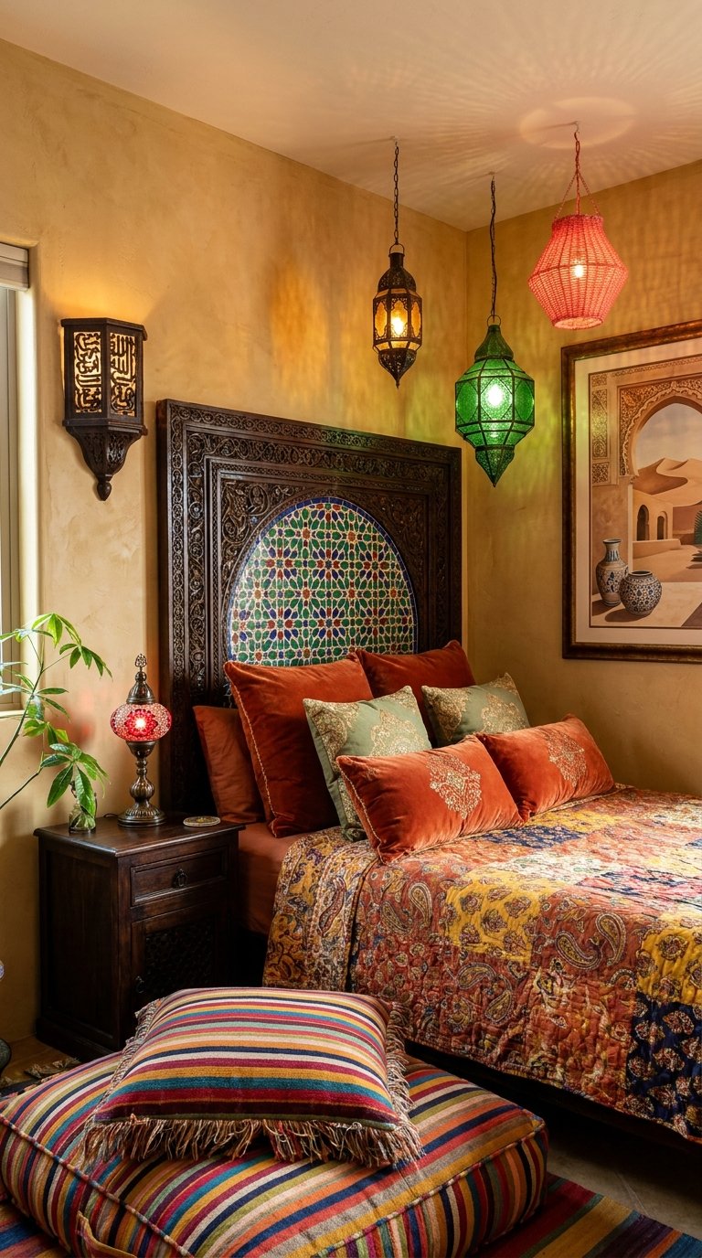 Chambre marocaine colorée avec coussins terracotta, tête de lit sculptée et lanternes suspendues