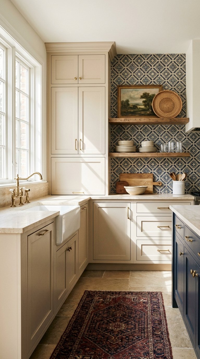 Cuisine beige classique avec crédence bleue à motifs et étagères en bois
