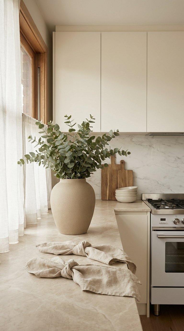 Cuisine beige minimaliste avec plan en pierre, vase d’eucalyptus et rideaux blancs