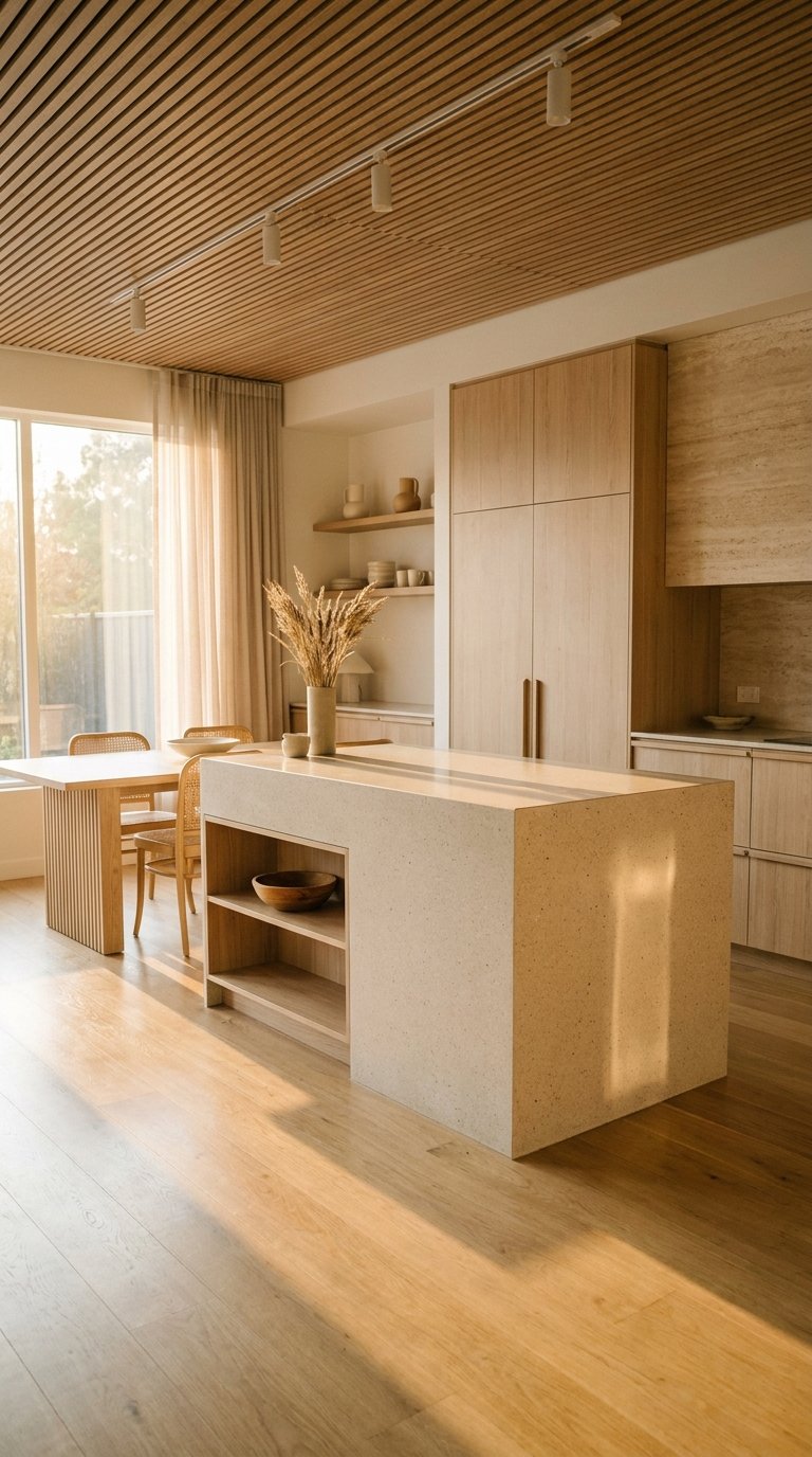 Cuisine beige contemporaine avec îlot en pierre, mobilier en bois et plafond à lattes