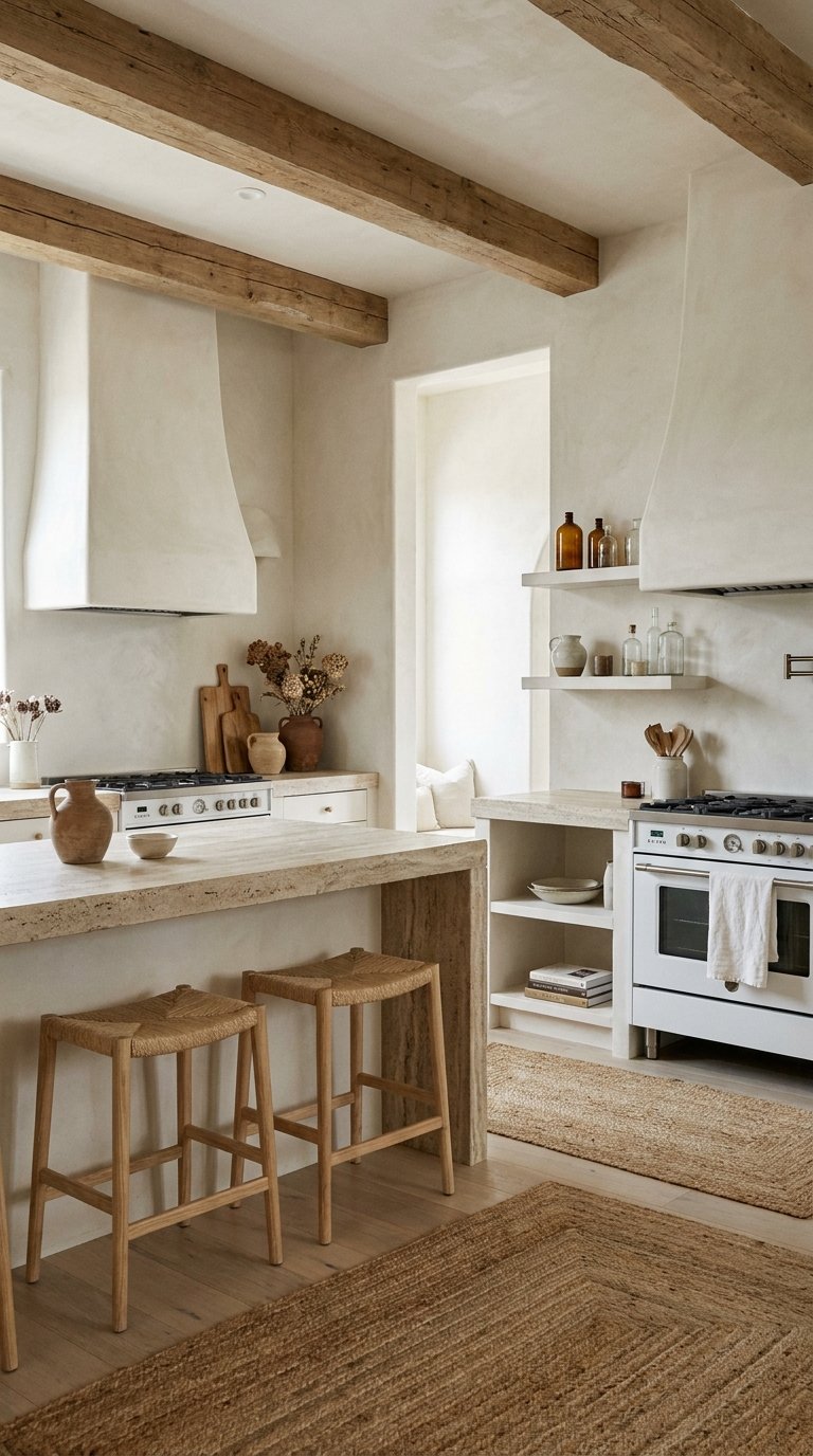 Cuisine rustique beige avec poutres en bois, comptoir en pierre et tabourets tressés