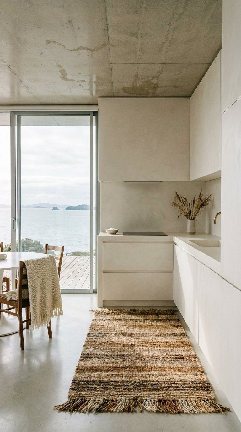 Cuisine beige minimaliste ouverte sur la mer avec tapis brun tissé