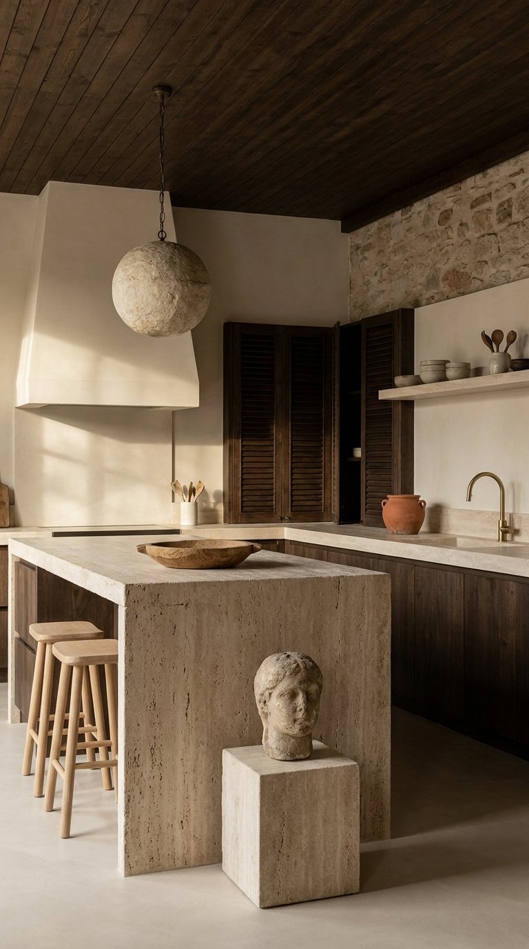 Cuisine beige et bois foncé avec îlot en travertin et murs en pierre