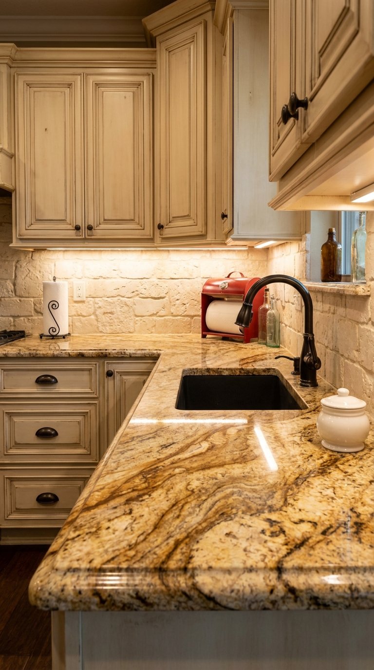 Cuisine traditionnelle beige avec plan en granit doré, évier noir et robinet sombre