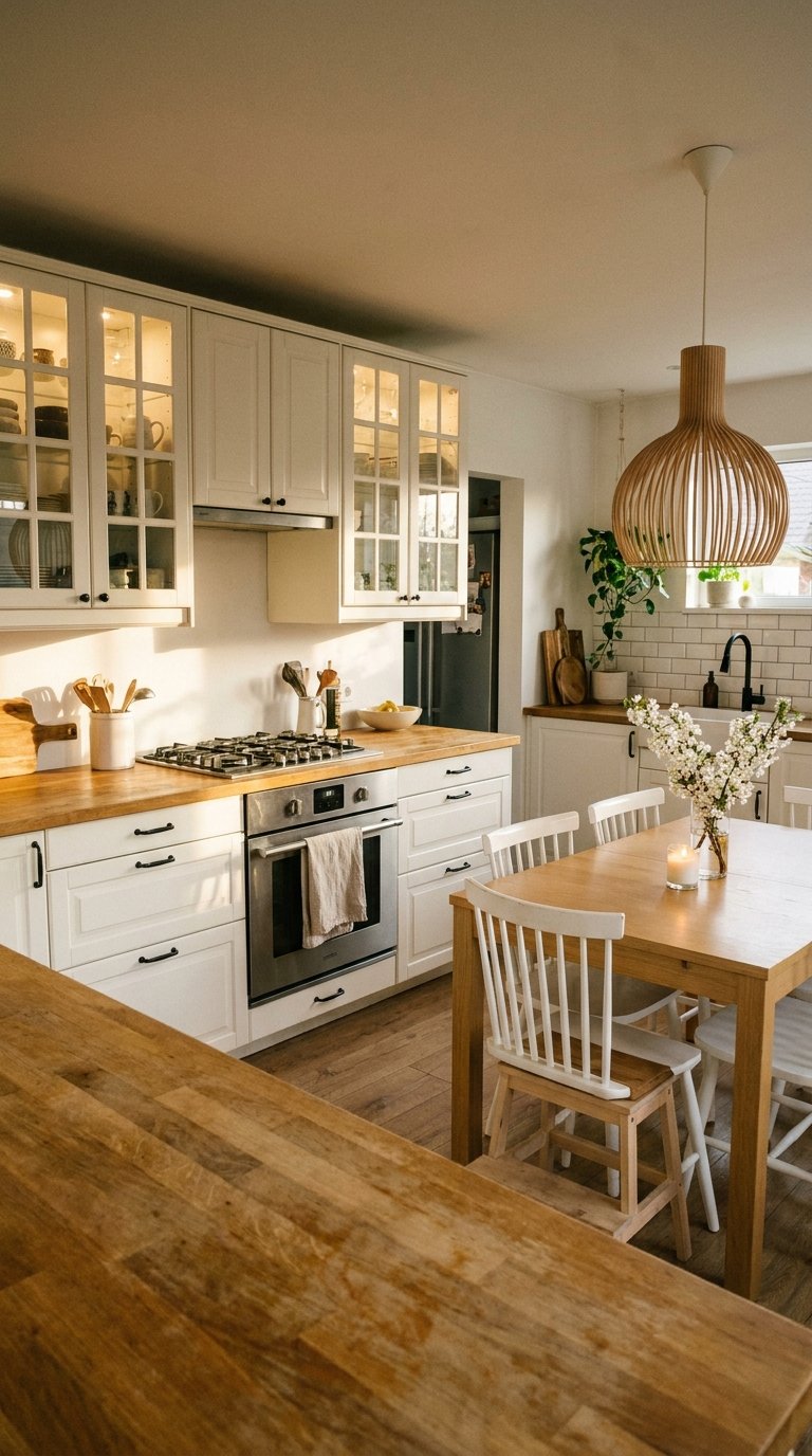 Cuisine blanche et bois avec table familiale et grande suspension ajourée