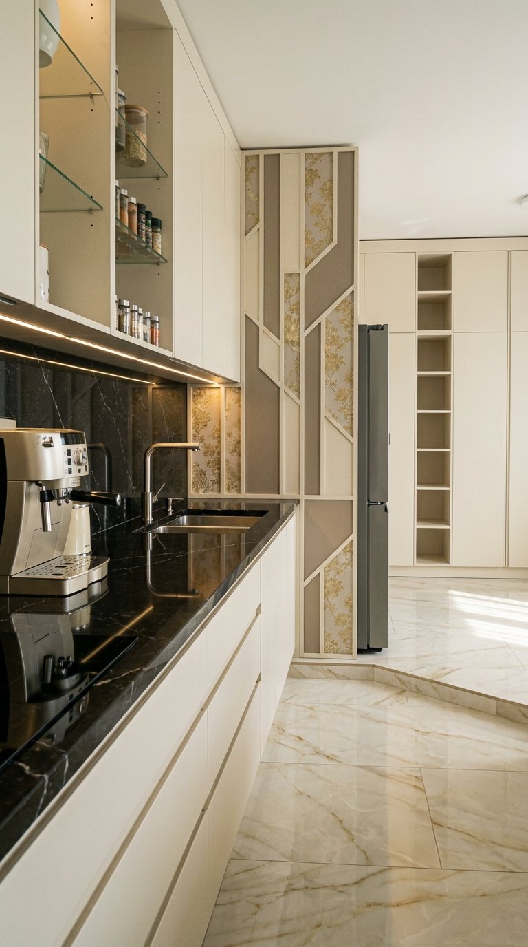 Cuisine beige moderne avec plan noir, verrière décorative et sol en marbre clair