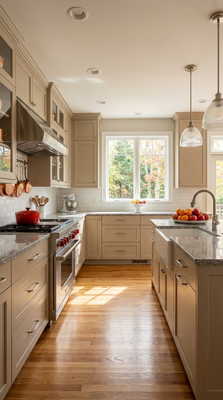 Cuisine beige classique avec îlot, parquet et trois suspensions en verre