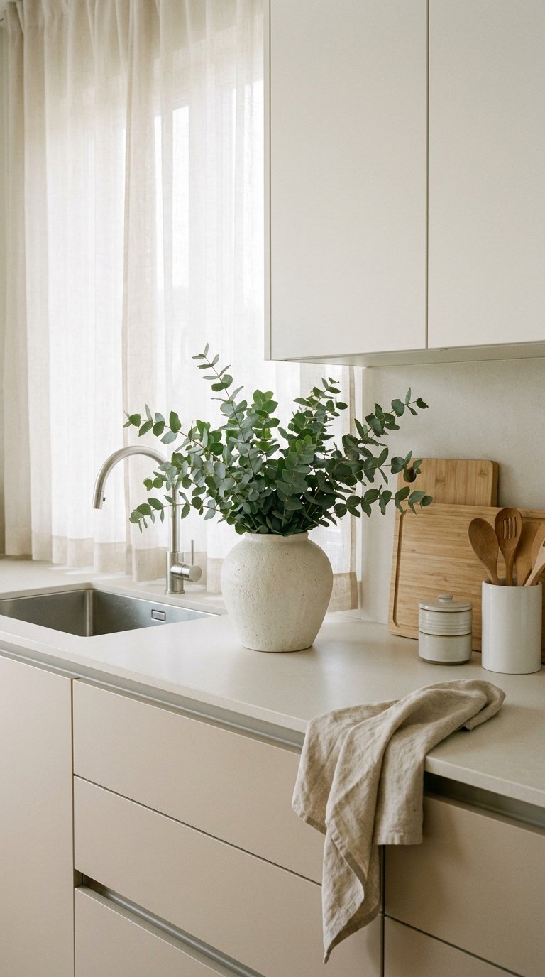 Cuisine beige sans poignées avec évier inox, vase d’eucalyptus et linge en lin