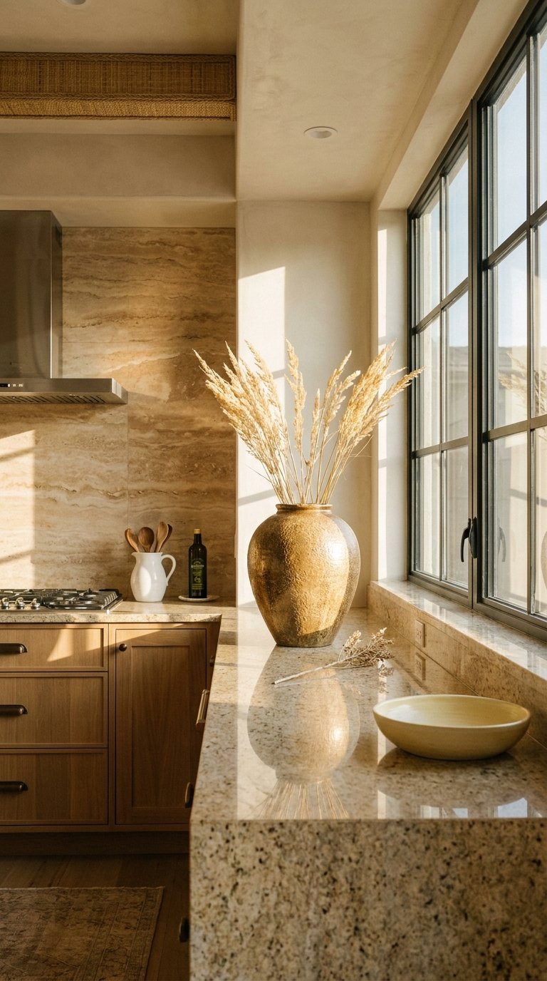 Cuisine beige en pierre avec vase doré, graminées séchées et fenêtres noires
