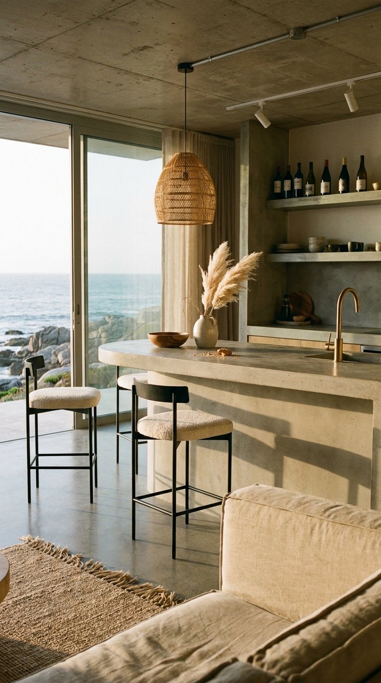 Cuisine beige en béton ouverte sur l’océan avec îlot arrondi et suspension tressée