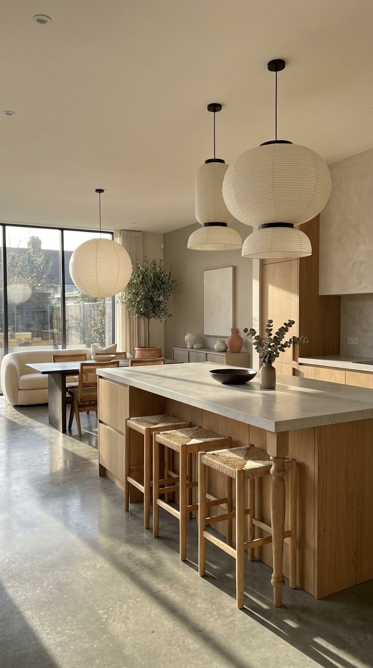 Cuisine ouverte beige et bois avec grand îlot, tabourets tressés et lanternes blanches