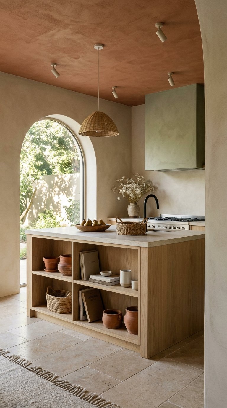 Cuisine beige avec arche vitrée, plafond terracotta et îlot en bois à niches ouvertes