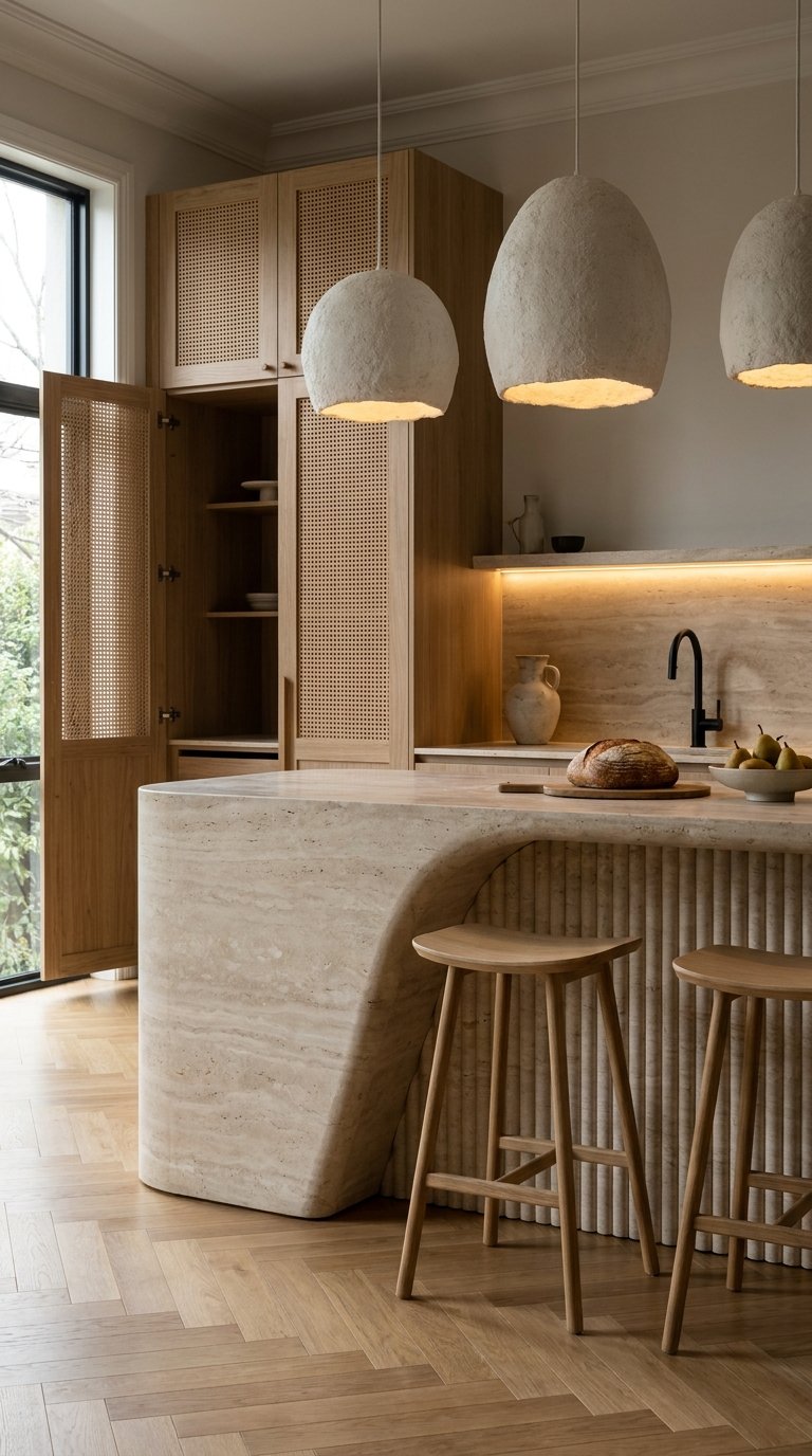 Cuisine beige avec îlot arrondi en travertin, façades cannées et suspensions en plâtre