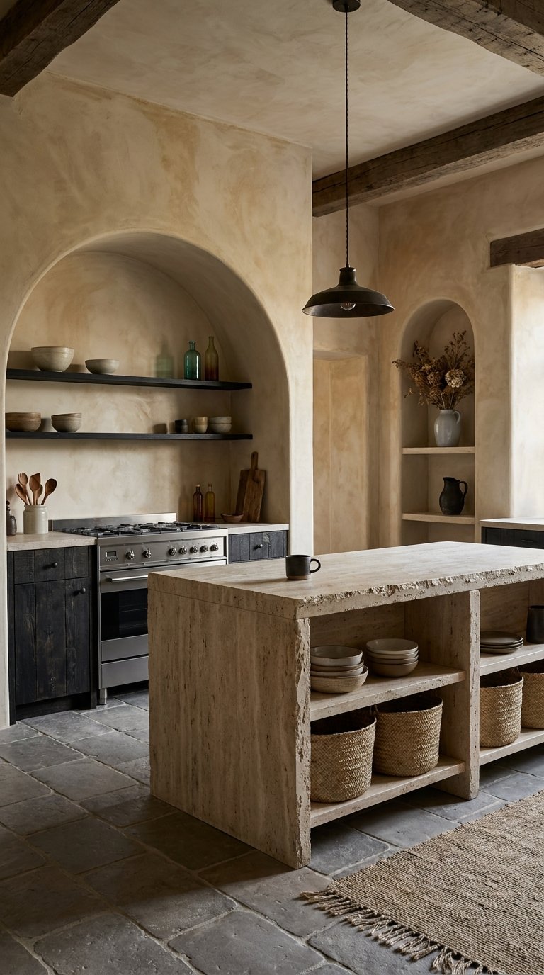 Cuisine rustique beige avec arches, poutres apparentes et grand îlot en pierre