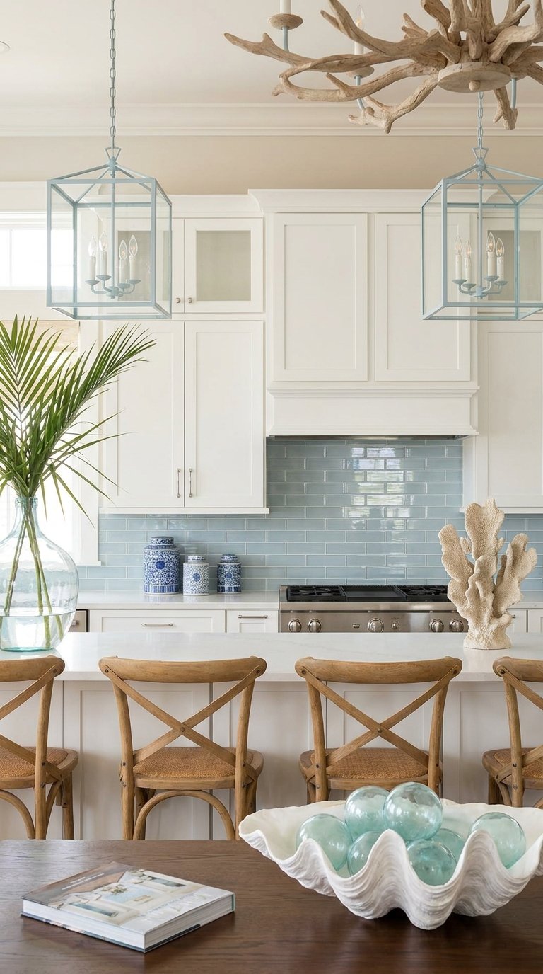 Cuisine blanche avec crédence bleu pâle et grand îlot entouré de chaises en bois