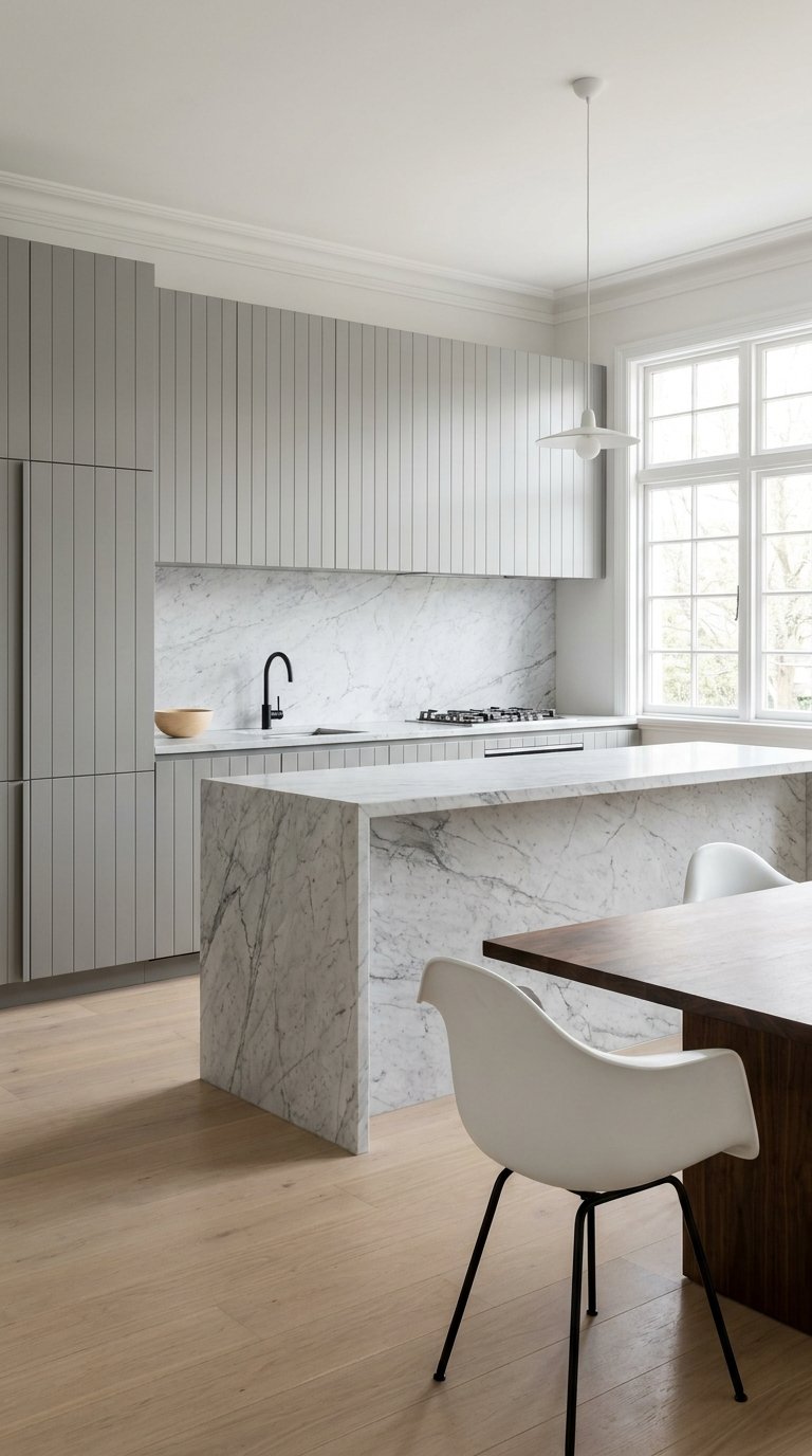 Cuisine minimaliste gris clair avec îlot et surfaces en marbre blanc
