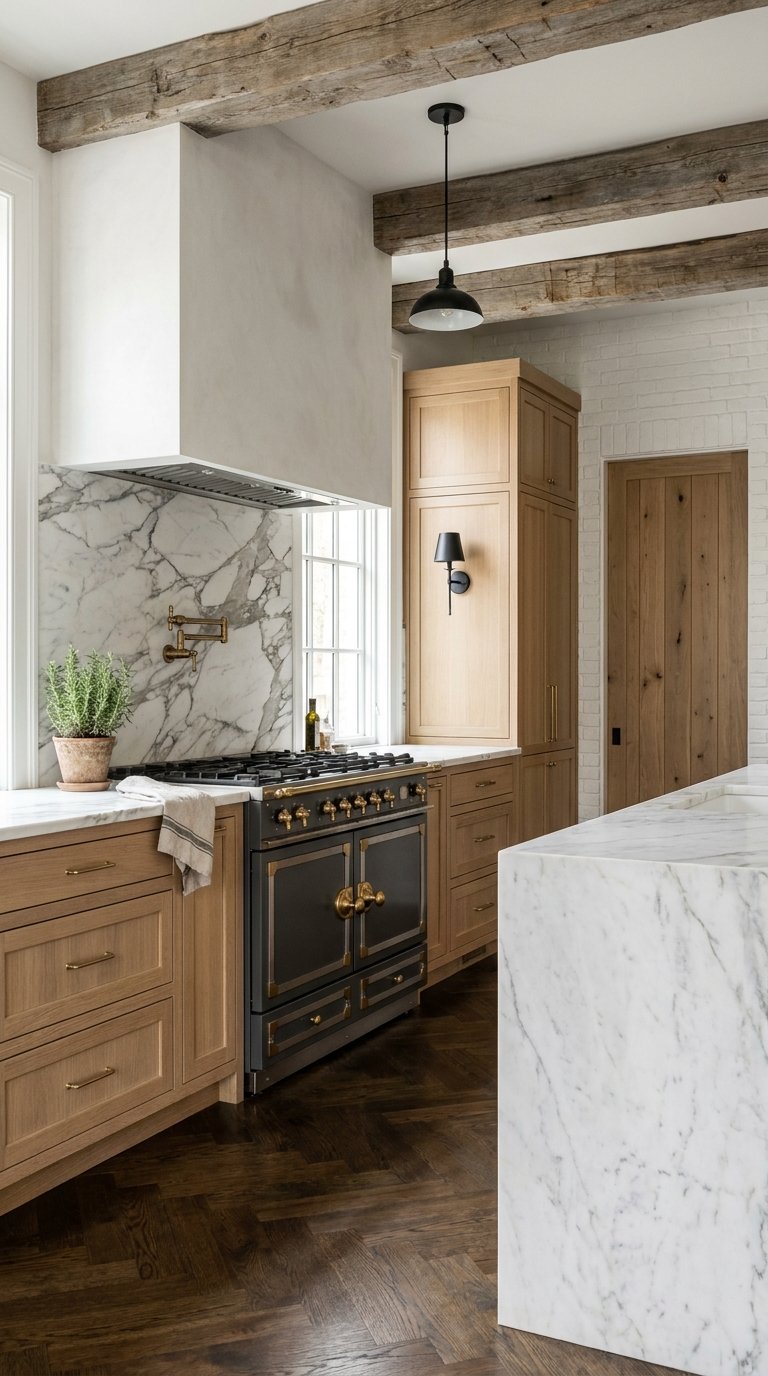 Cuisine en bois naturel avec marbre blanc, poutres apparentes et cuisinière noire