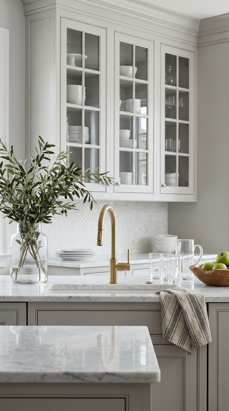 Cuisine gris perle avec vitrines, robinet doré et branches d’olivier