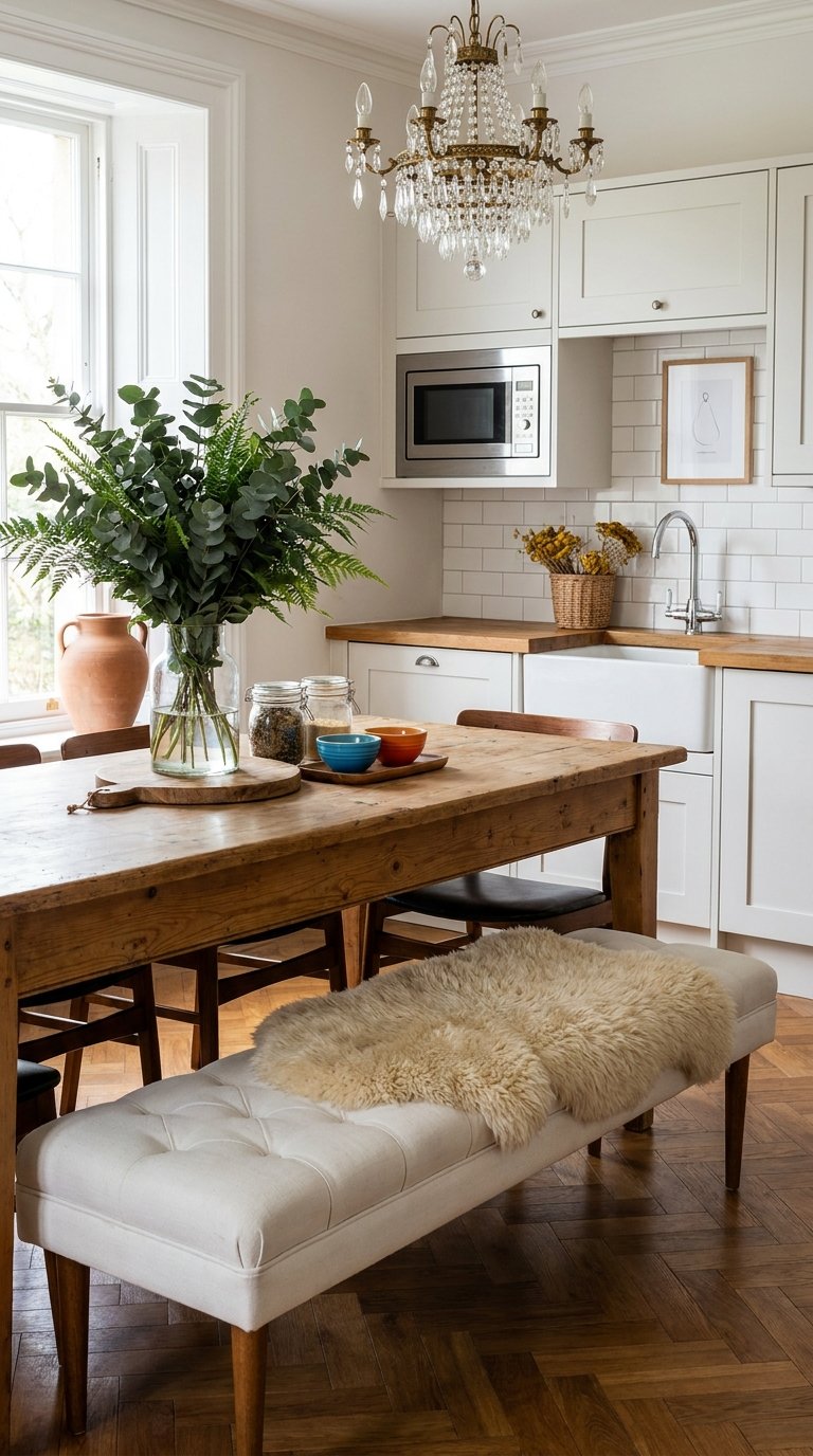 Cuisine blanche avec table rustique, parquet en chevrons et lustre en cristal