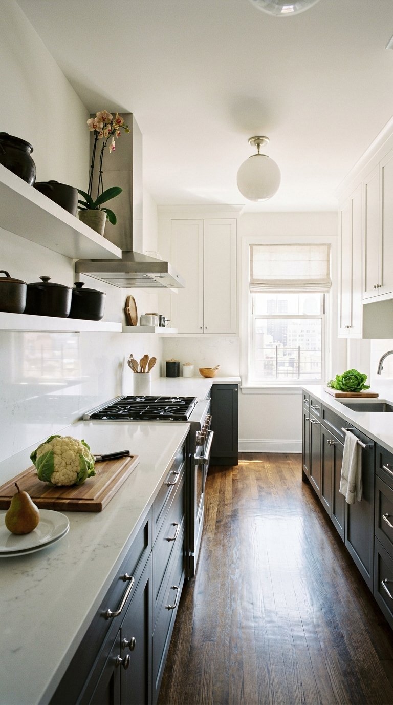Cuisine en longueur avec meubles blancs et gris, étagères ouvertes et parquet foncé