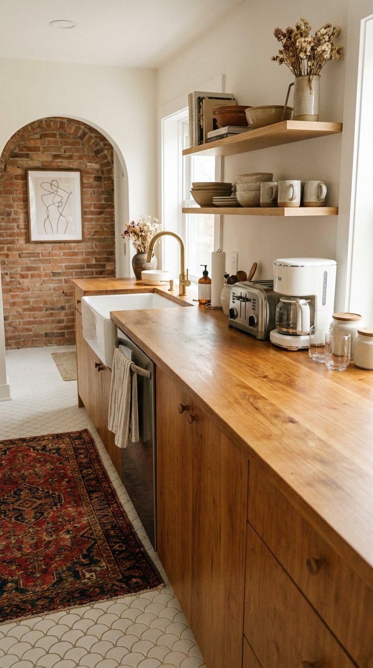 Cuisine en bois avec évier blanc, étagères ouvertes et tapis oriental rouge