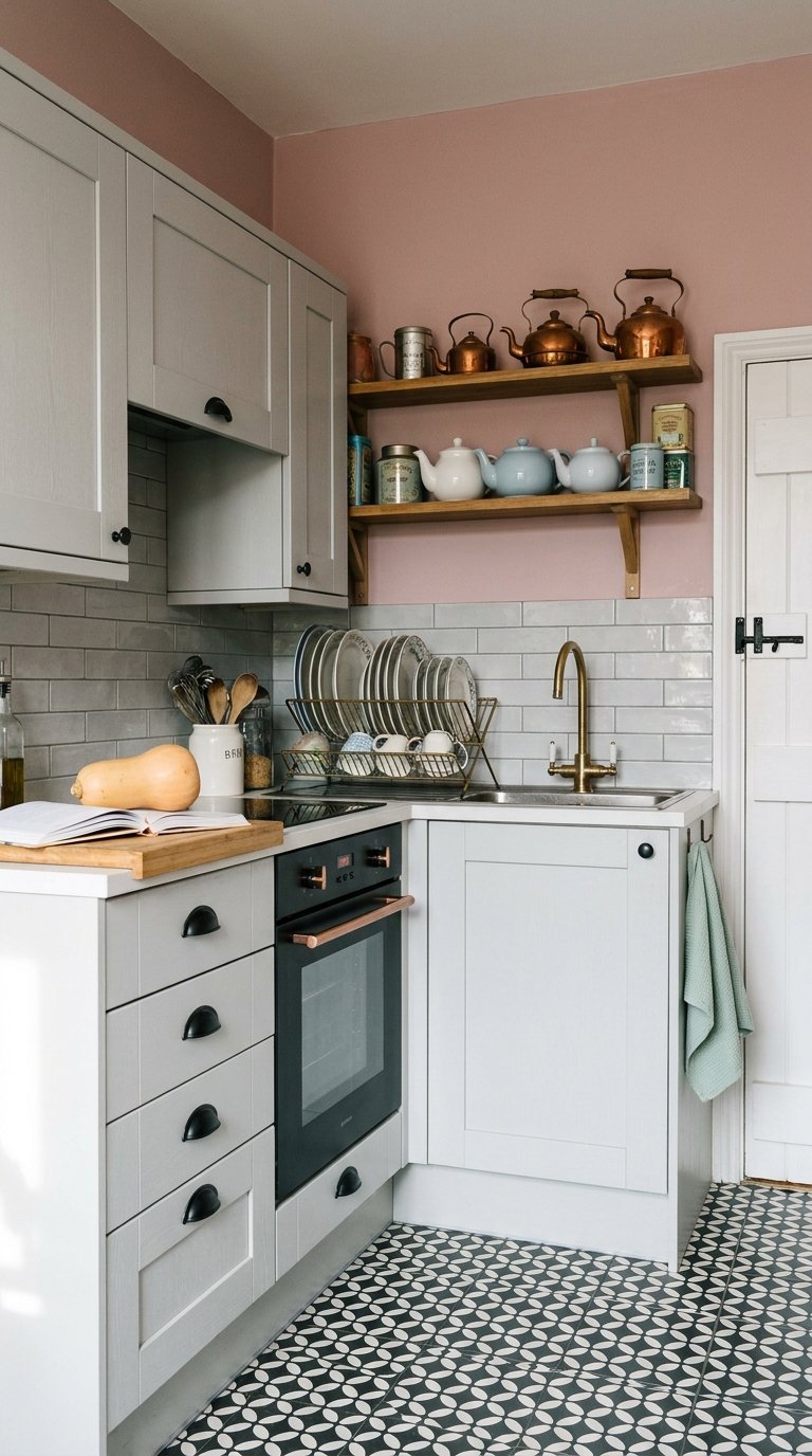 Petite cuisine blanche aux murs roses, étagères en bois et sol noir et blanc