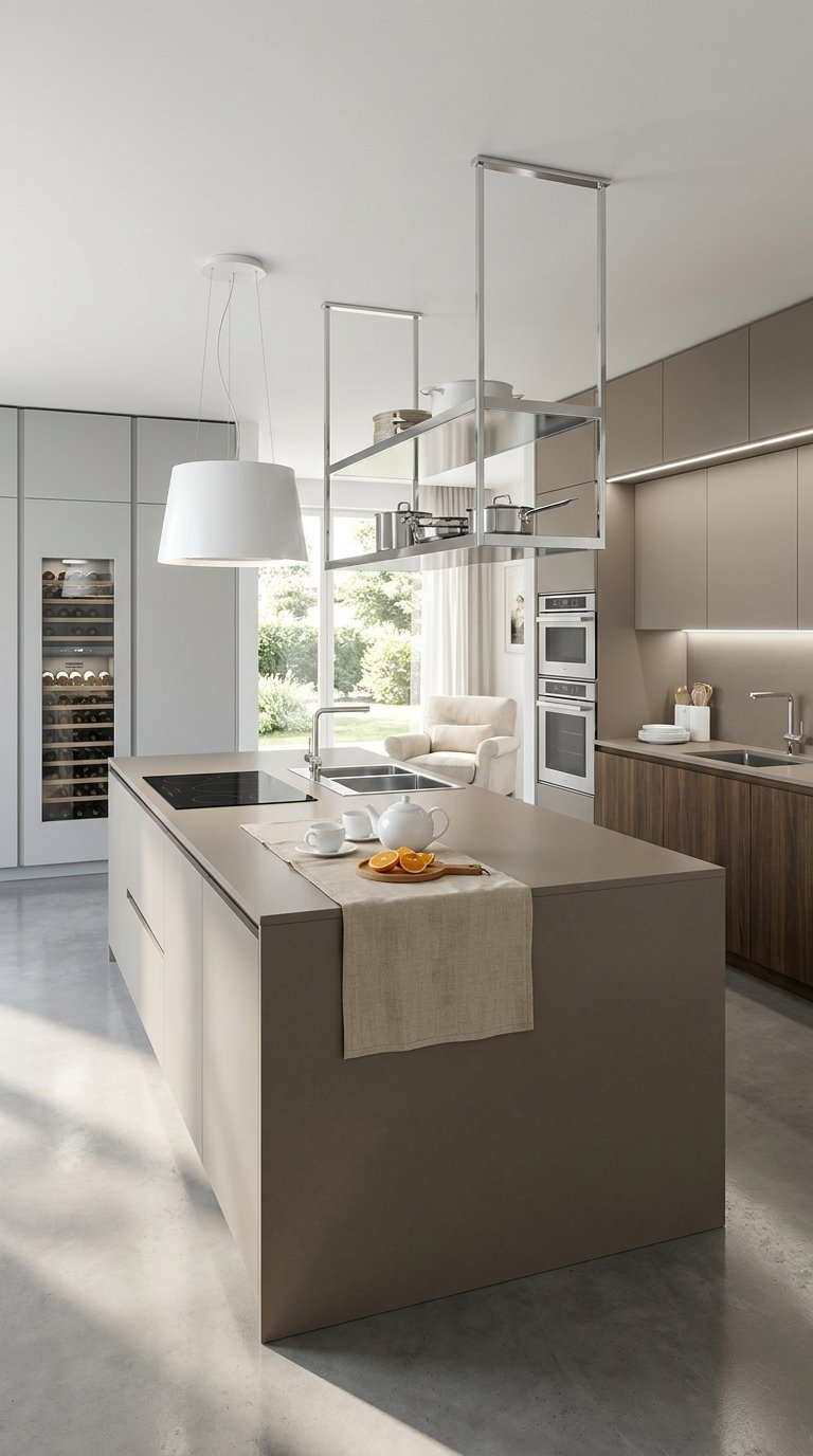 Grande cuisine contemporaine taupe avec îlot central et étagère suspendue en métal