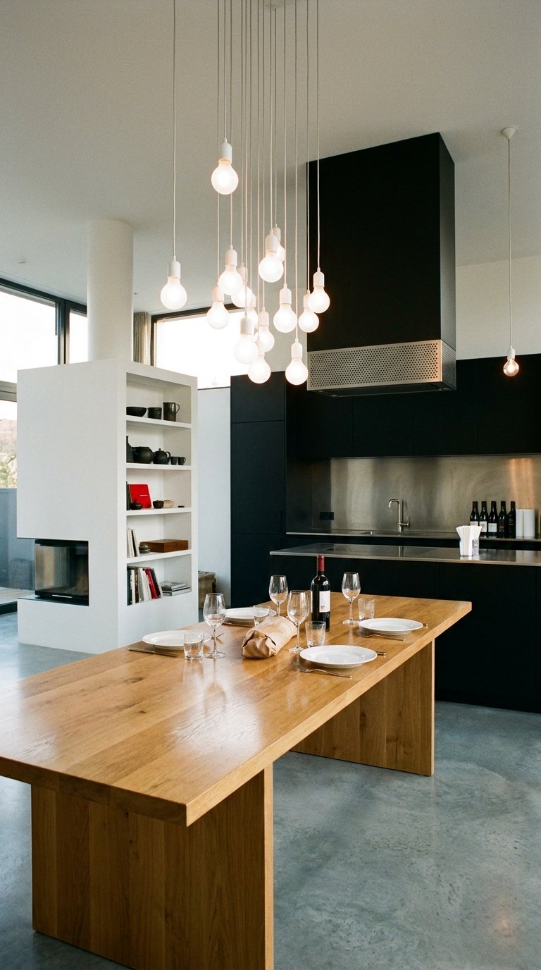 Cuisine noire ouverte avec grande table en bois et grappe d’ampoules suspendues