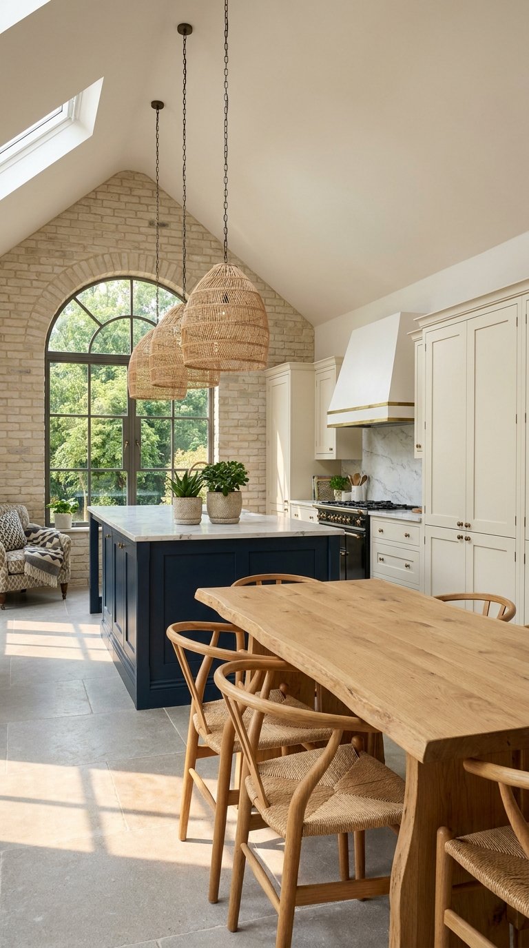Cuisine sous plafond cathédrale avec îlot bleu, table en bois et suspensions en fibres