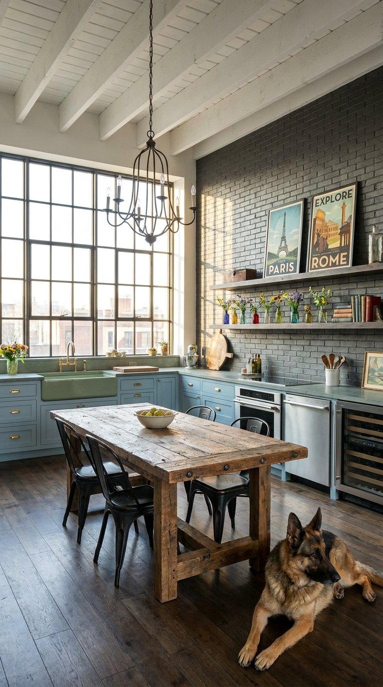 Cuisine industrielle avec mur de briques noires, table rustique et grandes fenêtres