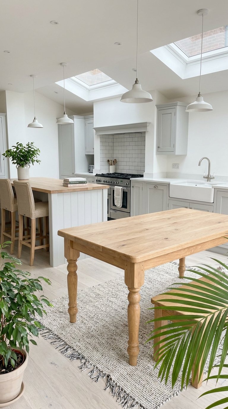 Cuisine gris clair sous verrières de toit avec îlot et table en bois sur tapis