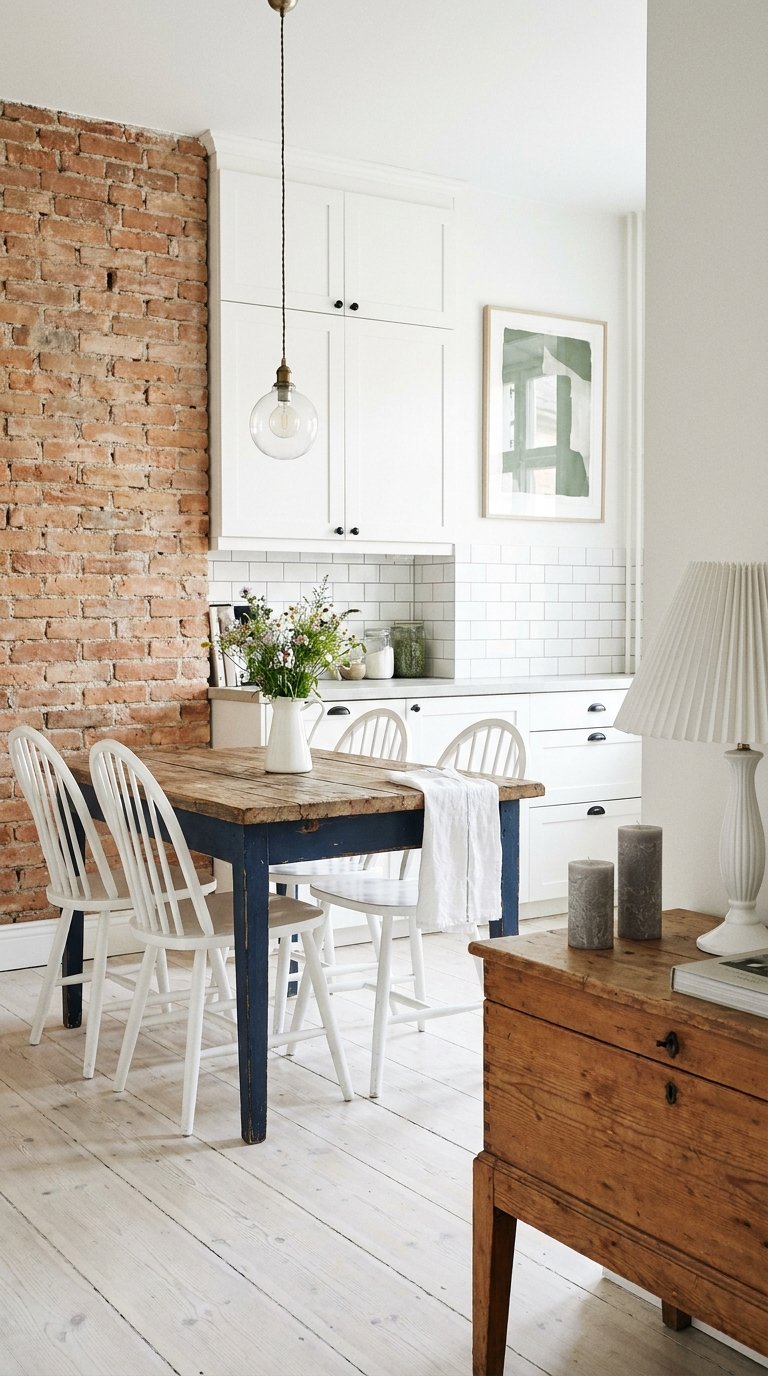 Cuisine blanche avec mur de briques, table patinée et chaises blanches
