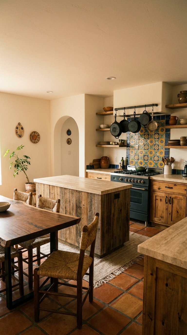 Cuisine rustique avec bois brut, carreaux colorés et table sur sol en terre cuite