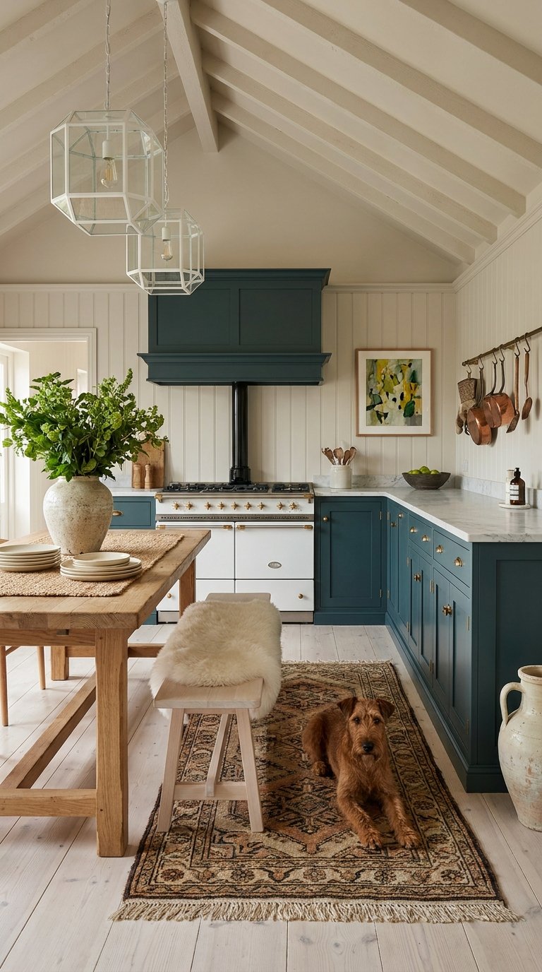Cuisine bleu pétrole sous plafond mansardé avec table en bois et chien sur un tapis