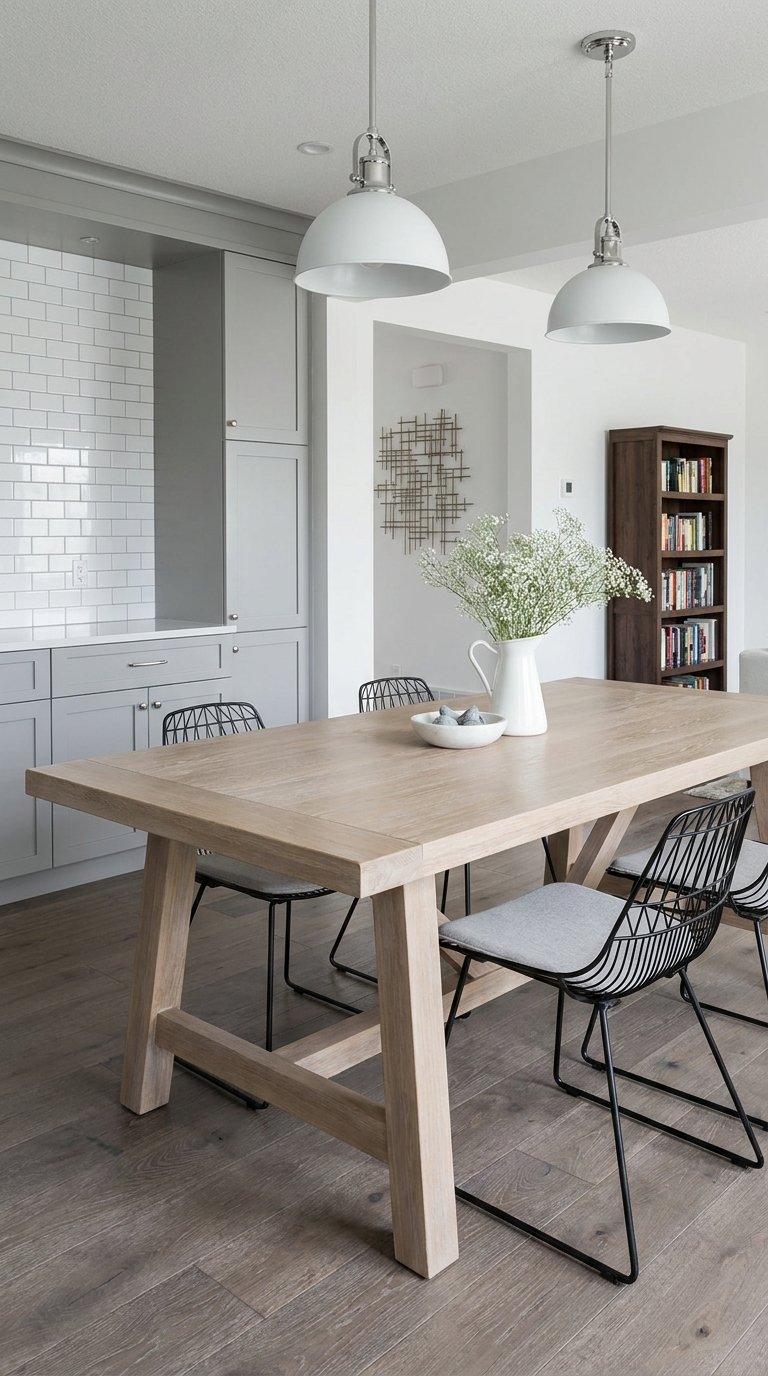 Salle à manger ouverte sur une cuisine grise avec table claire et chaises filaires