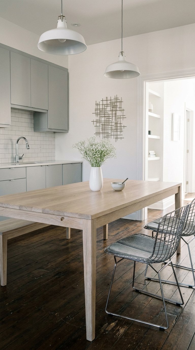 Cuisine gris pâle ouverte avec table en bois, banc et chaises métalliques