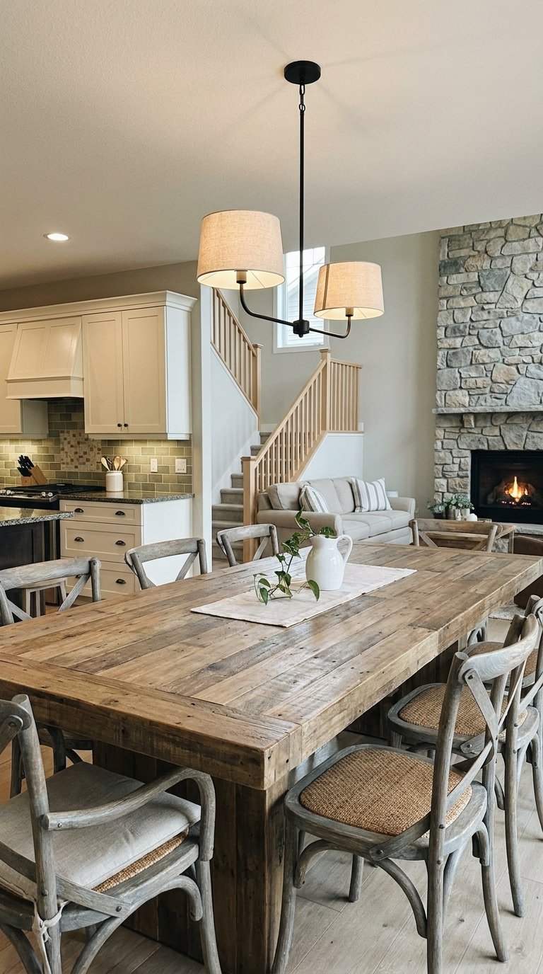 Grande table rustique entre cuisine crème, escalier et salon avec cheminée en pierre