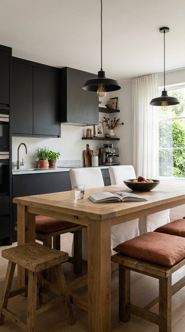Cuisine noire ouverte avec table en bois, bancs et suspensions métalliques